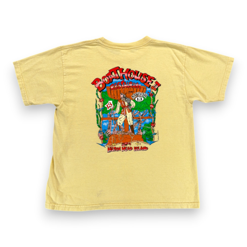 Vintage Boathouse II Shirt Womens LARGE Yellow Pirate Hilton Head Crop Top Y2K